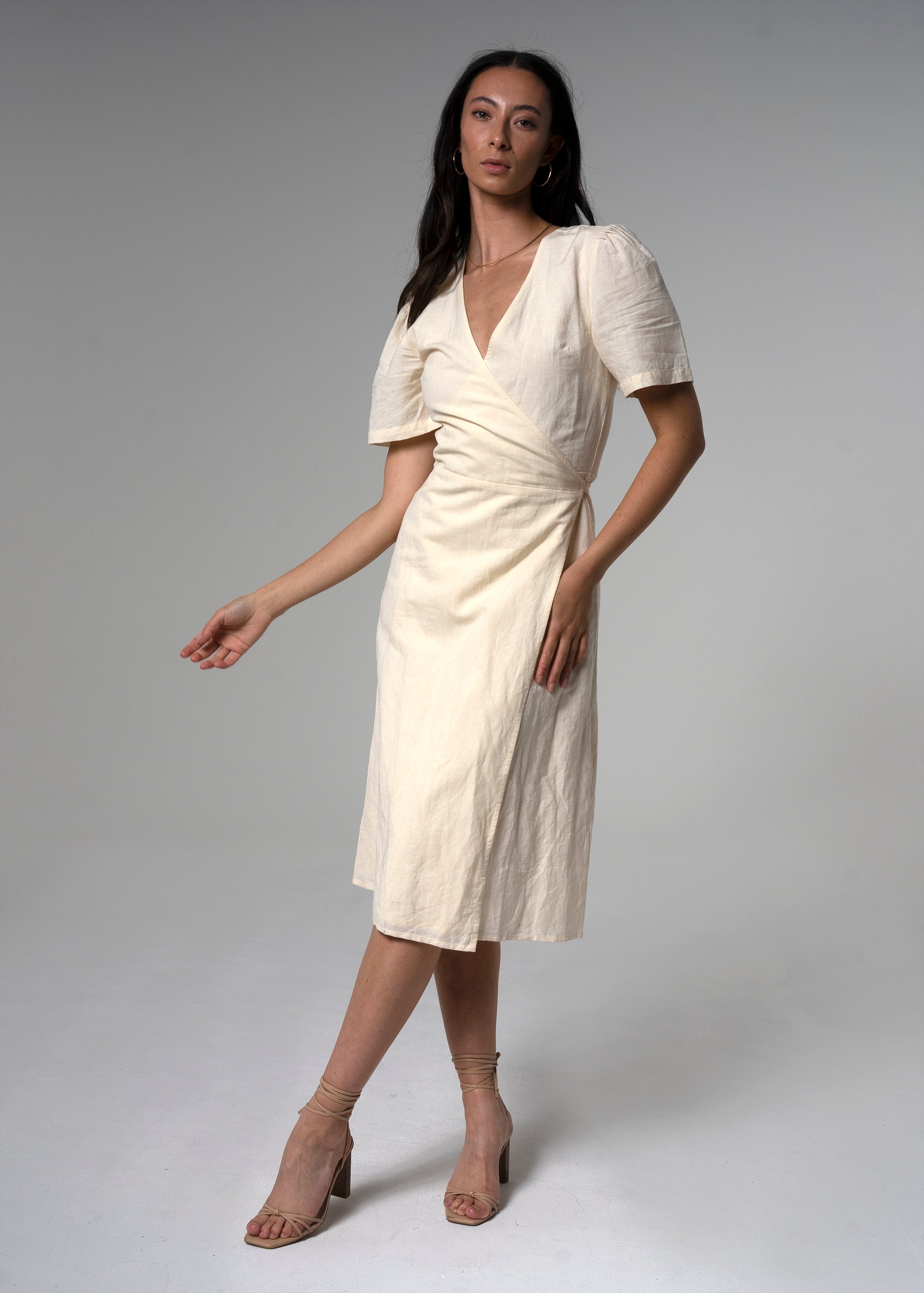 Long Sleeve White Knee Length Wrap Dress Linen Wrap White Midi
