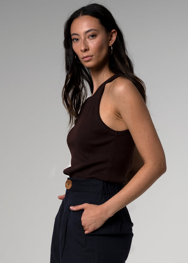 Moto Racerback Brown Ribbed Cotton Tank - Clémence Mai